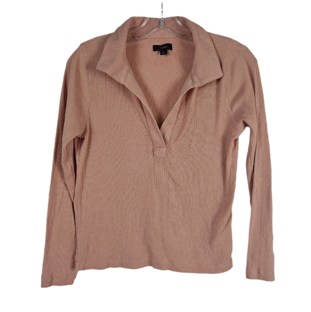 J Crew Blush Shirt Long Sleeve Ribbed Polo V Neck Fitted Womens Medium